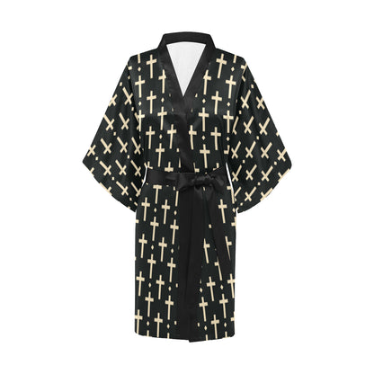 Cross Pattern Print Design 03 Women's Short Kimono