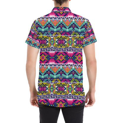 Indian Navajo Color Themed Design Print Men's Short Sleeve Button Up Shirt