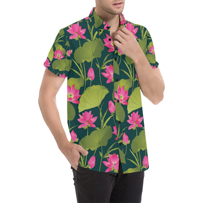Water Lily Pattern Print Design WL09 Men's Short Sleeve Button Up Shirt