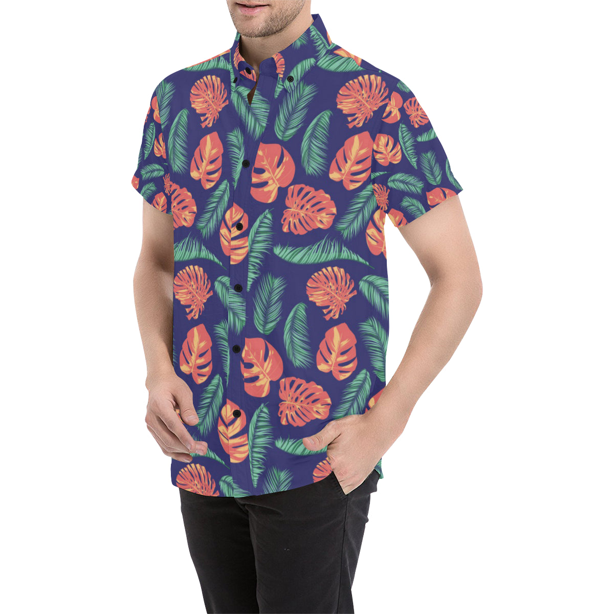 Palm Leaves Pattern Print Design PL011 Men's Short Sleeve Button Up Shirt