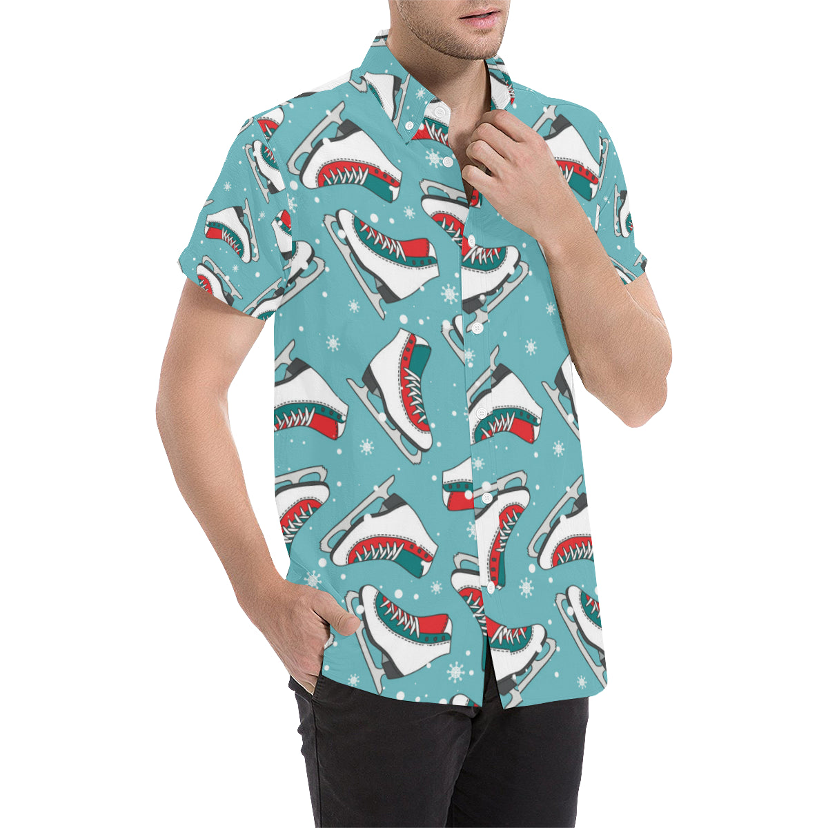 Ice Skate Pattern Print Design 03 Men's Short Sleeve Button Up Shirt