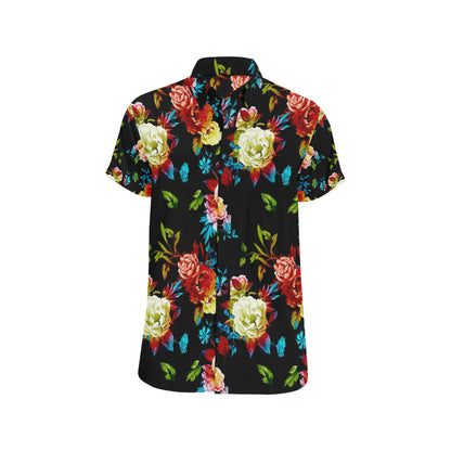 Peony Pattern Print Design PE07 Men's Short Sleeve Button Up Shirt