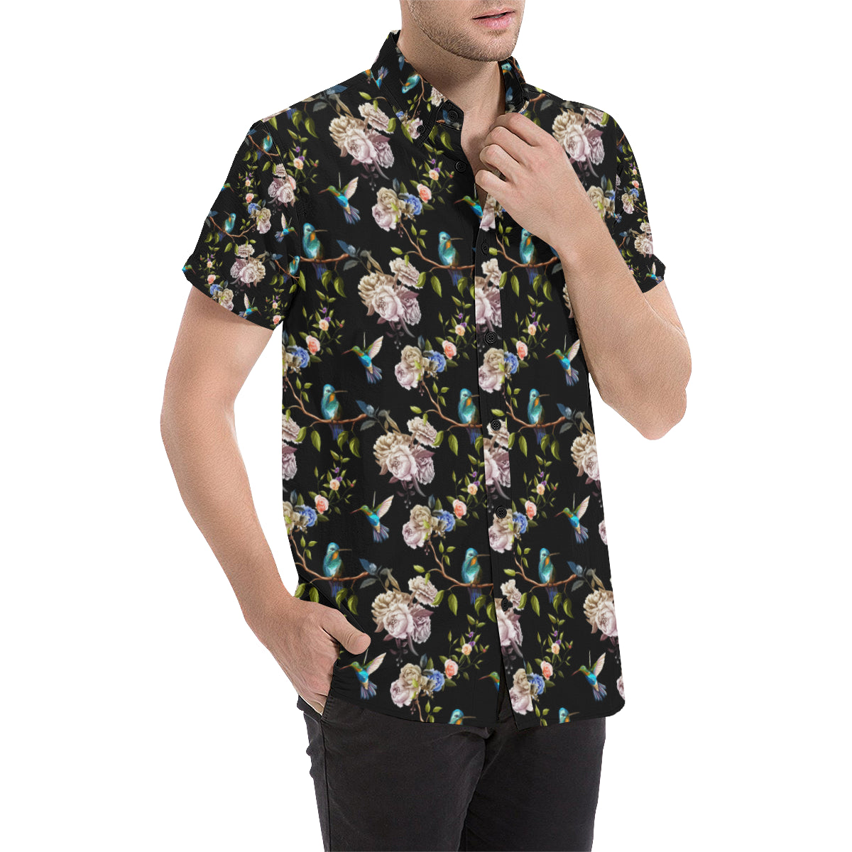 Hummingbird Flower Themed Print Men's Short Sleeve Button Up Shirt