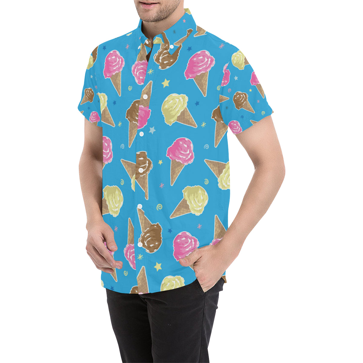 Ice Cream Pattern Print Design 01 Men's Short Sleeve Button Up Shirt