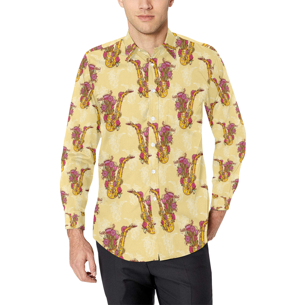 Saxophone Pattern Print Design 04 Men's Long Sleeve Shirt