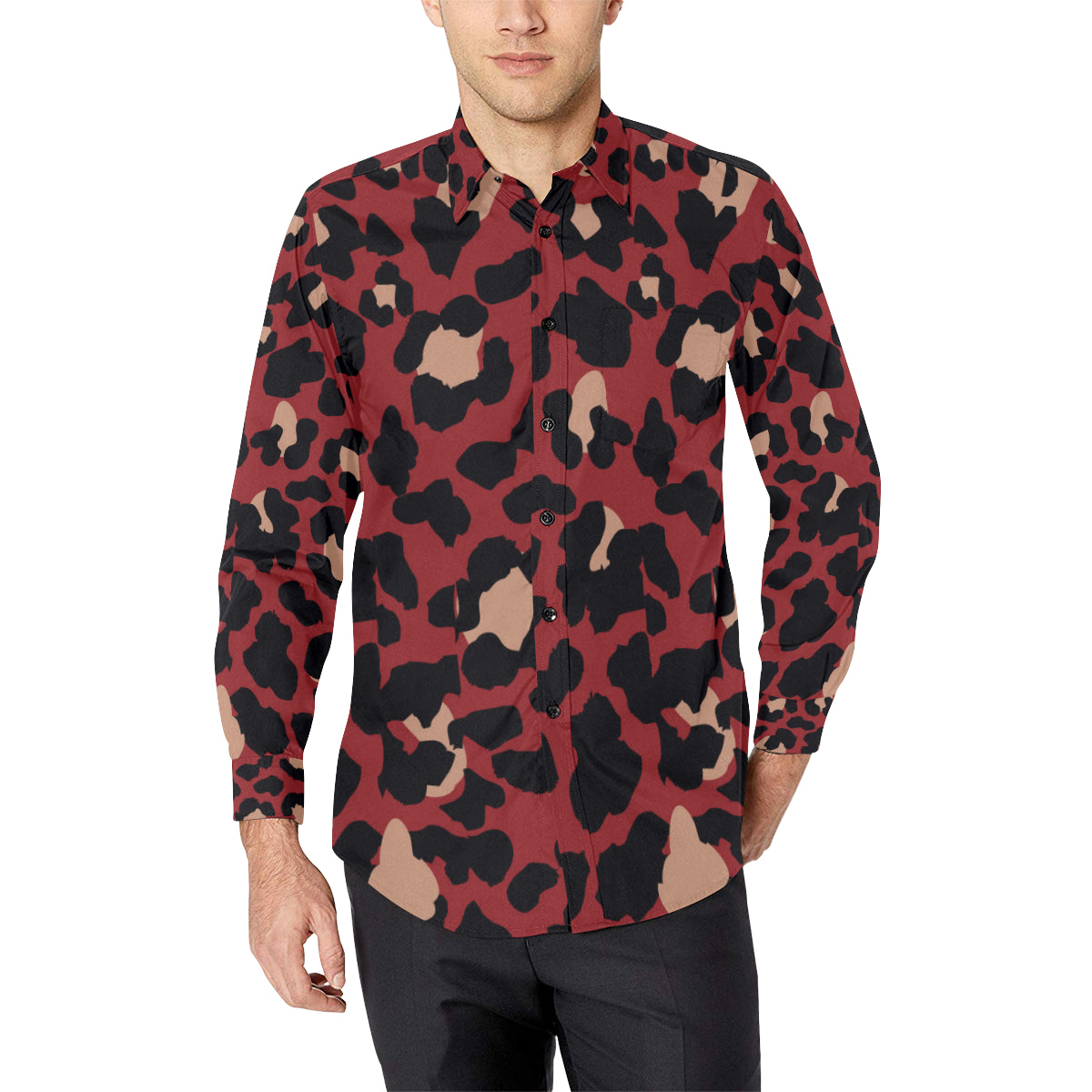 Cheetah Red Print Pattern Men's Long Sleeve Shirt