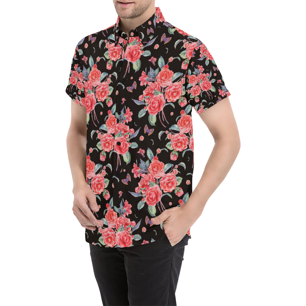 Camellia Pattern Print Design CM03 Men's Short Sleeve Button Up Shirt
