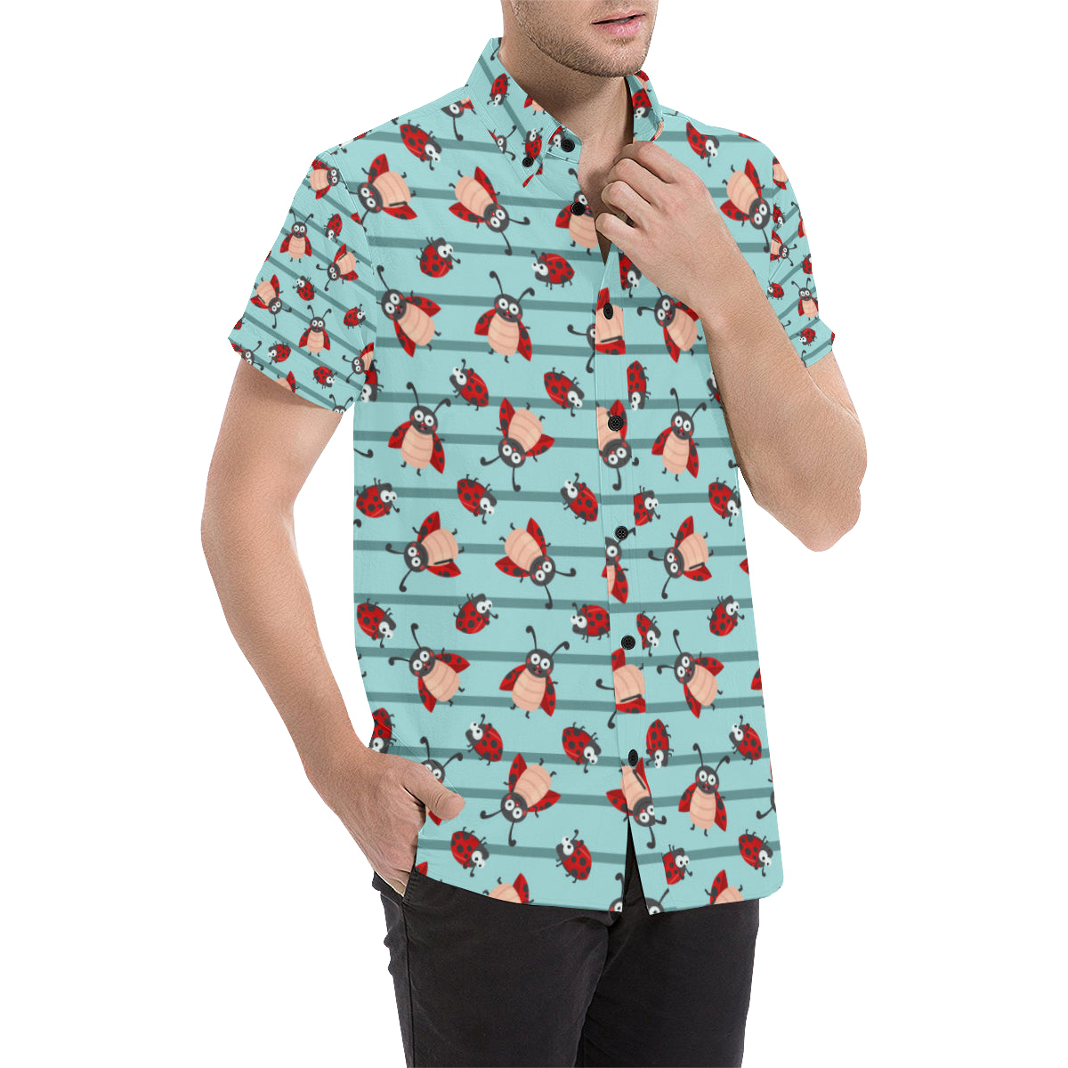 Ladybug Happy Print Pattern Men's Short Sleeve Button Up Shirt