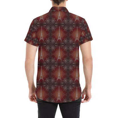Eiffel Tower Drawing Print Men's Short Sleeve Button Up Shirt