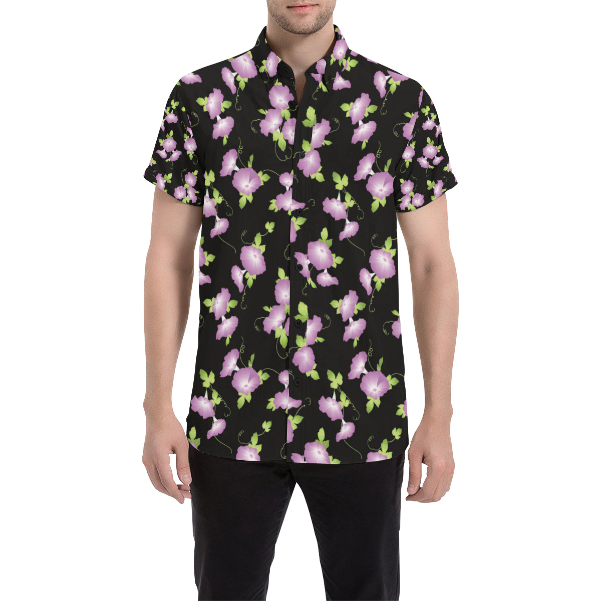 Morning Glory Pattern Print Design MG02 Men's Short Sleeve Button Up Shirt