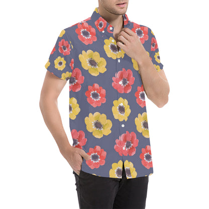 Anemone Pattern Print Design AM010 Men's Short Sleeve Button Up Shirt