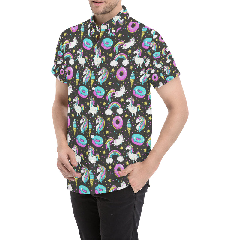 Donut Unicorn Pattern Print Design DN09 Men's Short Sleeve Button Up Shirt