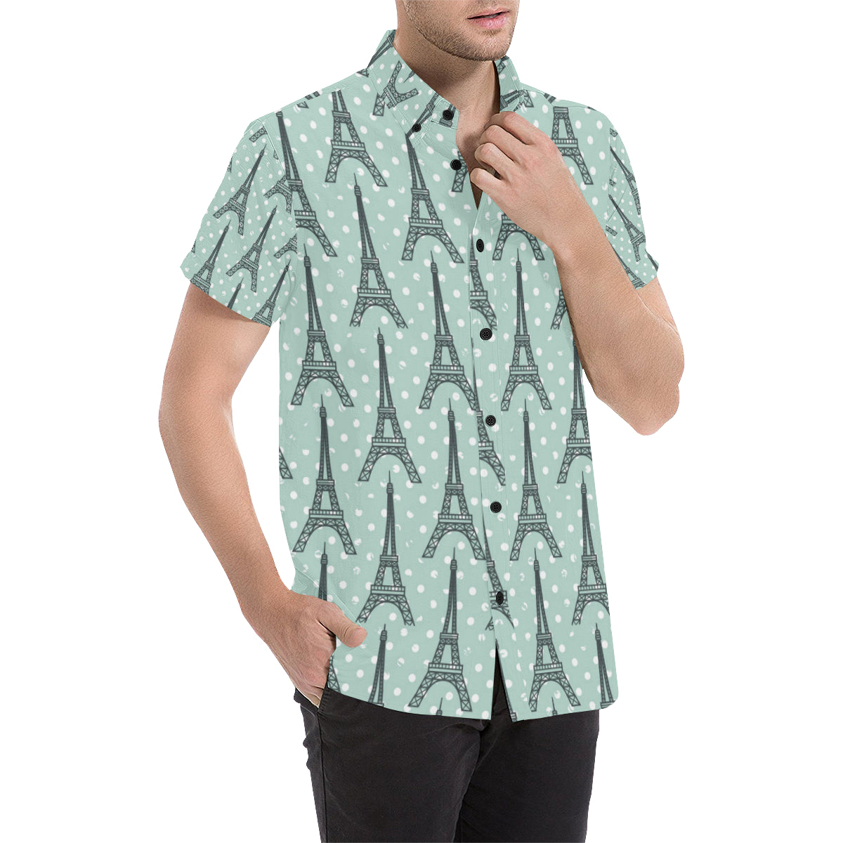 Eiffel Tower Polka Dot Print Men's Short Sleeve Button Up Shirt