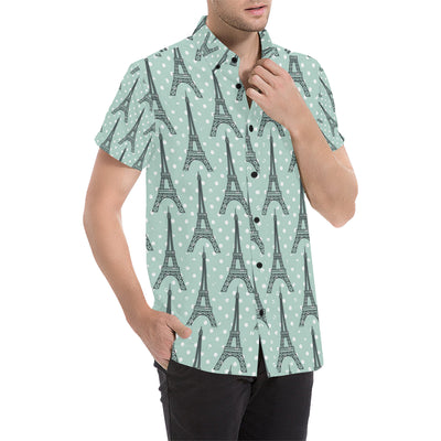 Eiffel Tower Polka Dot Print Men's Short Sleeve Button Up Shirt