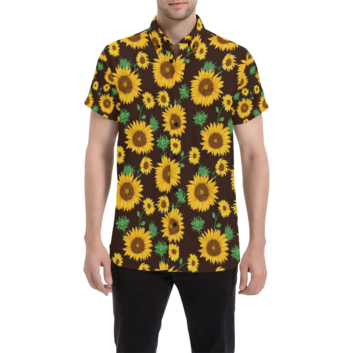 Sunflower Pattern Print Design SF01 Men's Short Sleeve Button Up Shirt