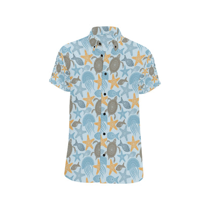 Polynesian Jellyfish Turtle Print Men's Short Sleeve Button Up Shirt