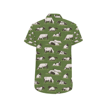 Cow on Grass Print Pattern Men's Short Sleeve Button Up Shirt