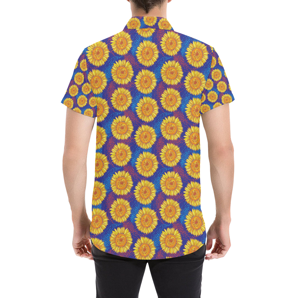 Sunflower Hand Drawn Style Print Men's Short Sleeve Button Up Shirt