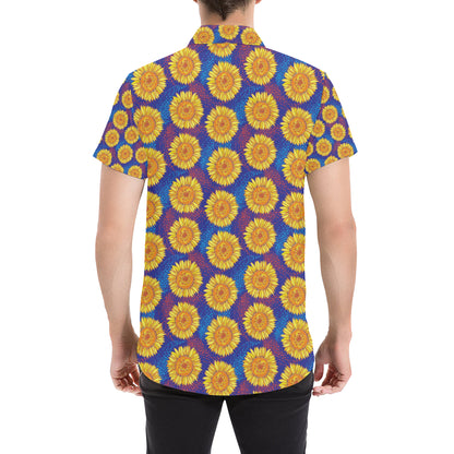 Sunflower Hand Drawn Style Print Men's Short Sleeve Button Up Shirt