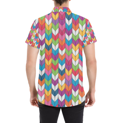 Knit Pattern Print Design 01 Men's Short Sleeve Button Up Shirt