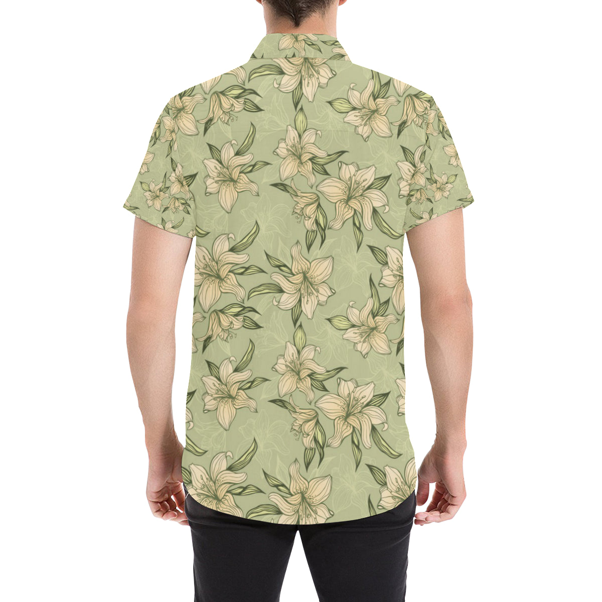 Lily Pattern Print Design LY06 Men's Short Sleeve Button Up Shirt