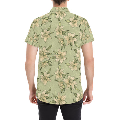 Lily Pattern Print Design LY06 Men's Short Sleeve Button Up Shirt