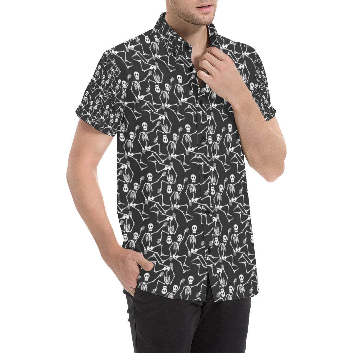 Skeleton Themed Print Men's Short Sleeve Button Up Shirt
