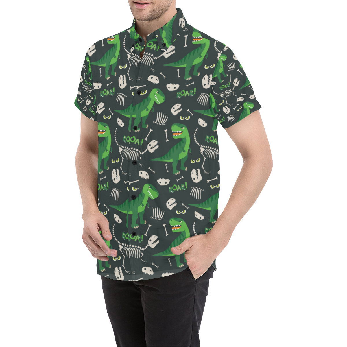T Rex Pattern Print Design A05 Men's Short Sleeve Button Up Shirt