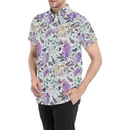 Lilac Pattern Print Design LI06 Men's Short Sleeve Button Up Shirt