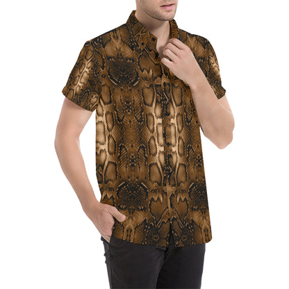 Snake Skin Brown Print Men's Short Sleeve Button Up Shirt