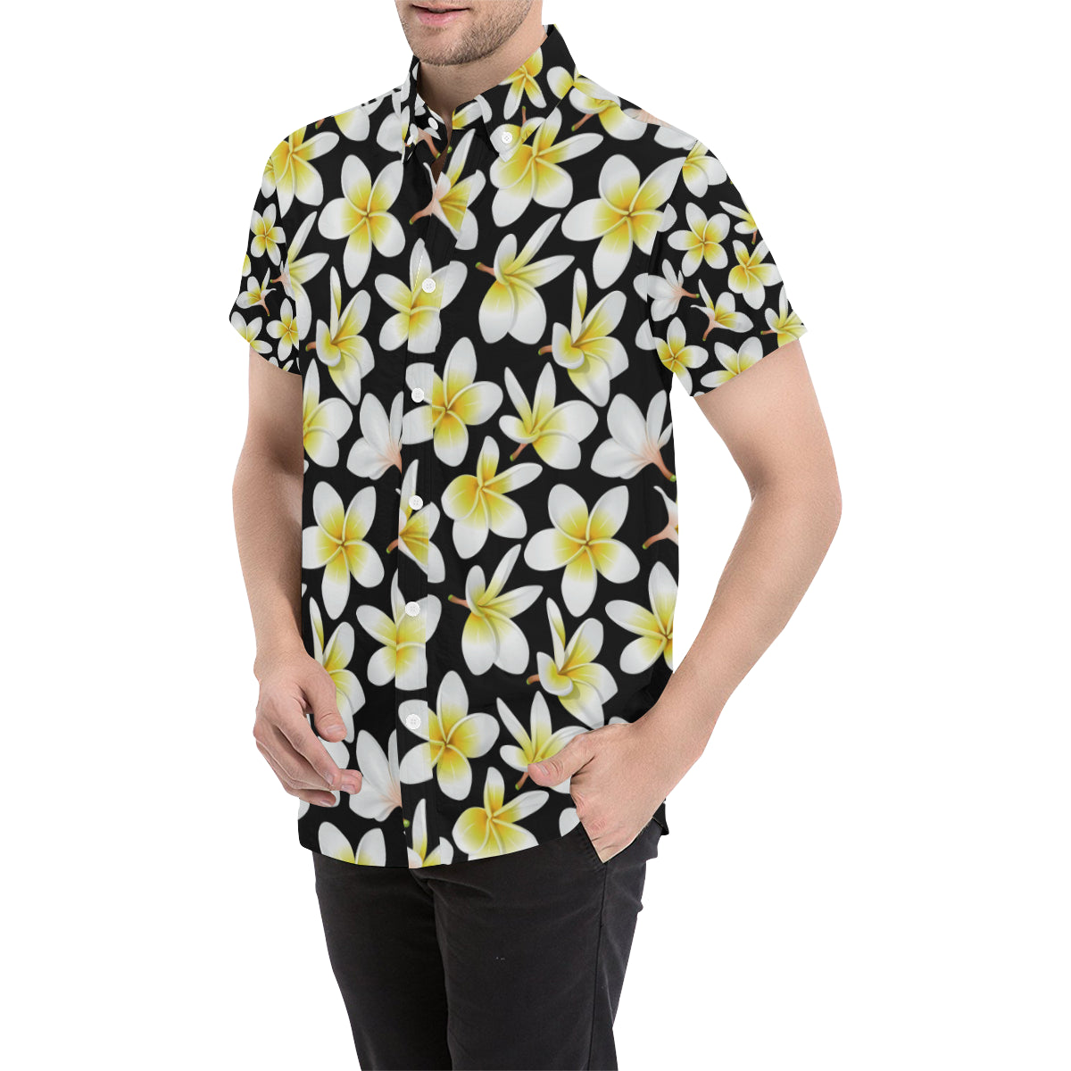 Yellow Plumeria Hawaiian Flowers Men's Short Sleeve Button Up Shirt