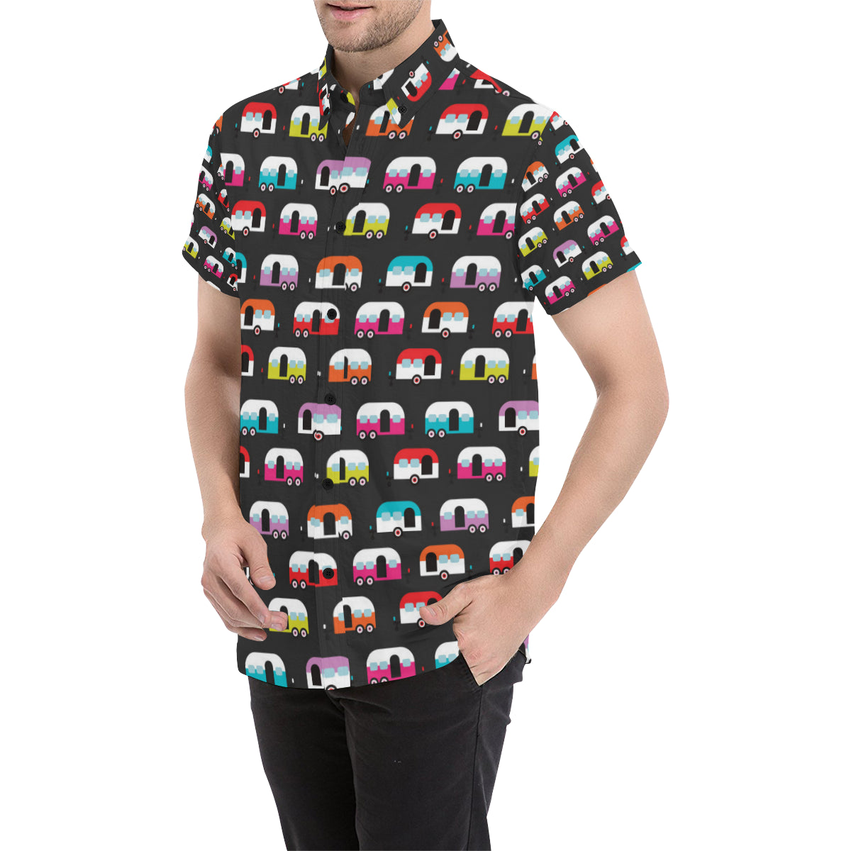 Camper Caravan Pattern Men's Short Sleeve Button Up Shirt
