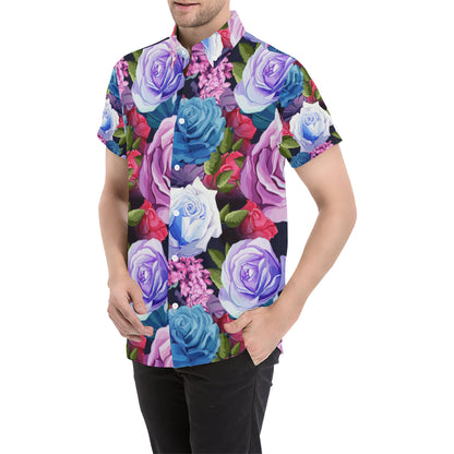 Rose Pattern Print Design RO09 Men's Short Sleeve Button Up Shirt