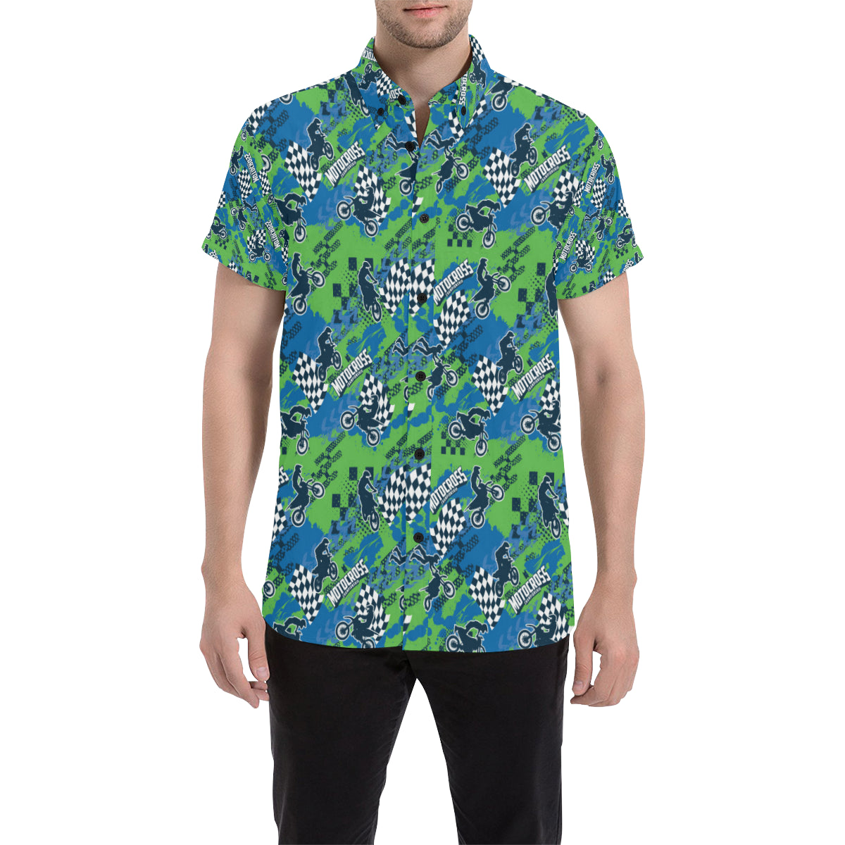 Motocross Pattern Print Design 04 Men's Short Sleeve Button Up Shirt