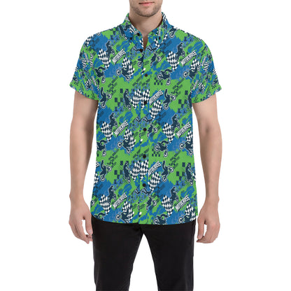 Motocross Pattern Print Design 04 Men's Short Sleeve Button Up Shirt