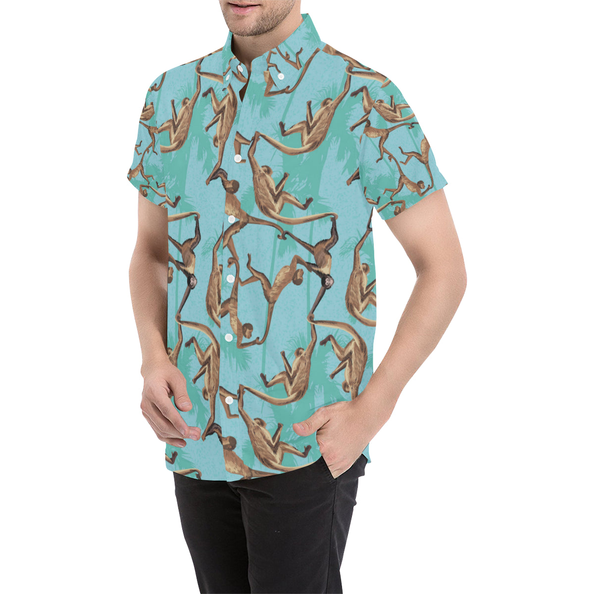 Monkey Pattern Print Design 04 Men's Short Sleeve Button Up Shirt