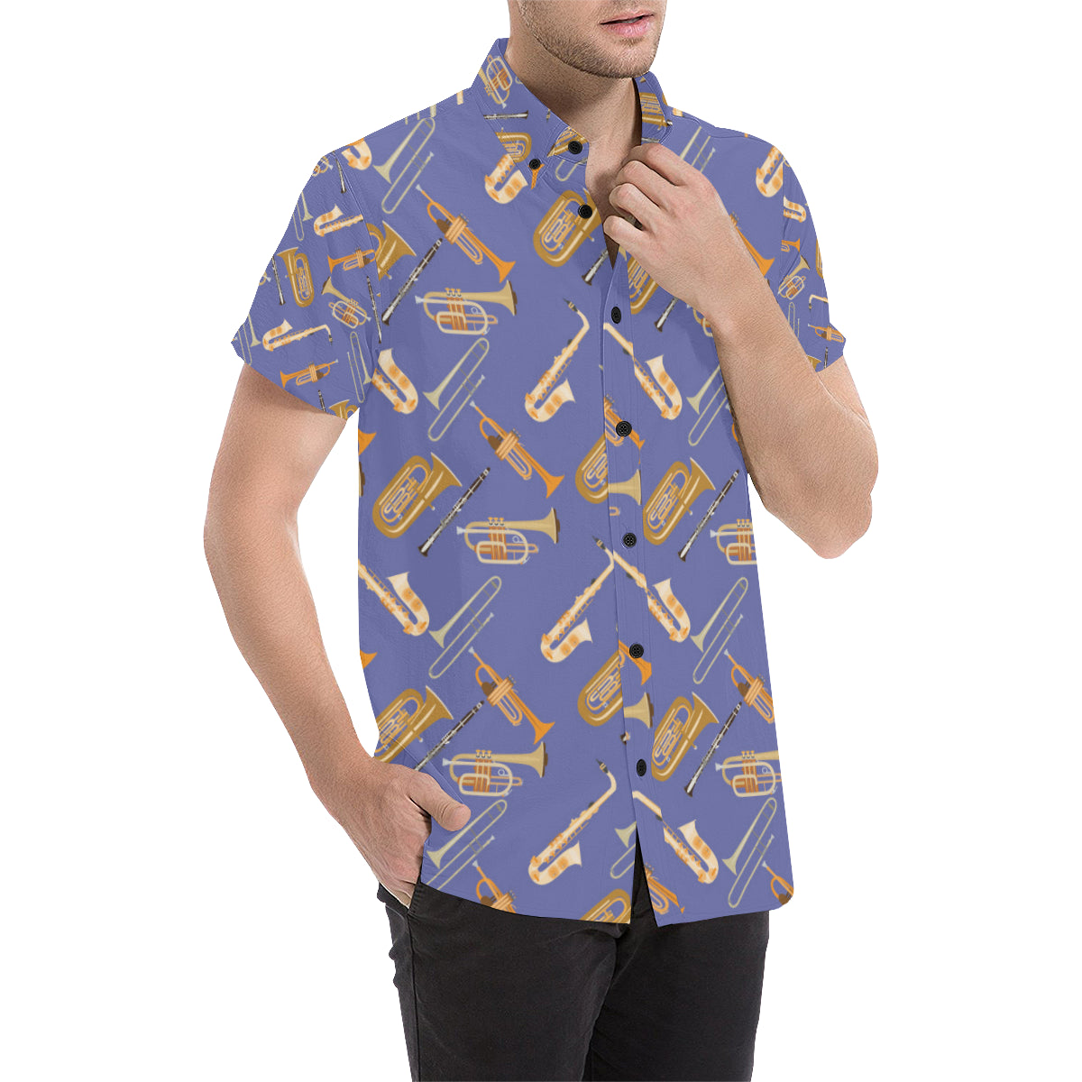 Trombone Pattern Print Design 02 Men's Short Sleeve Button Up Shirt