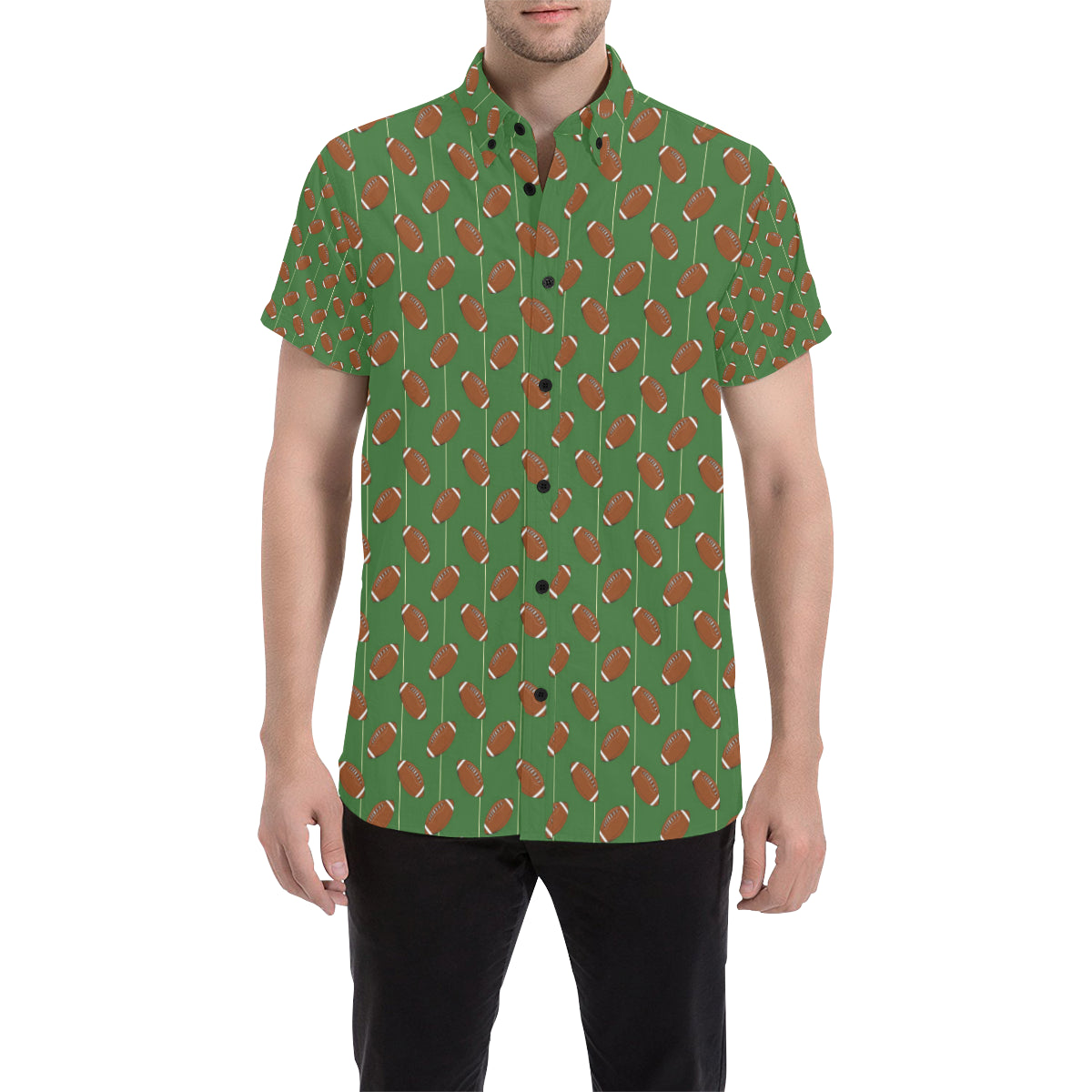 American Football on Field Themed Men's Short Sleeve Button Up Shirt