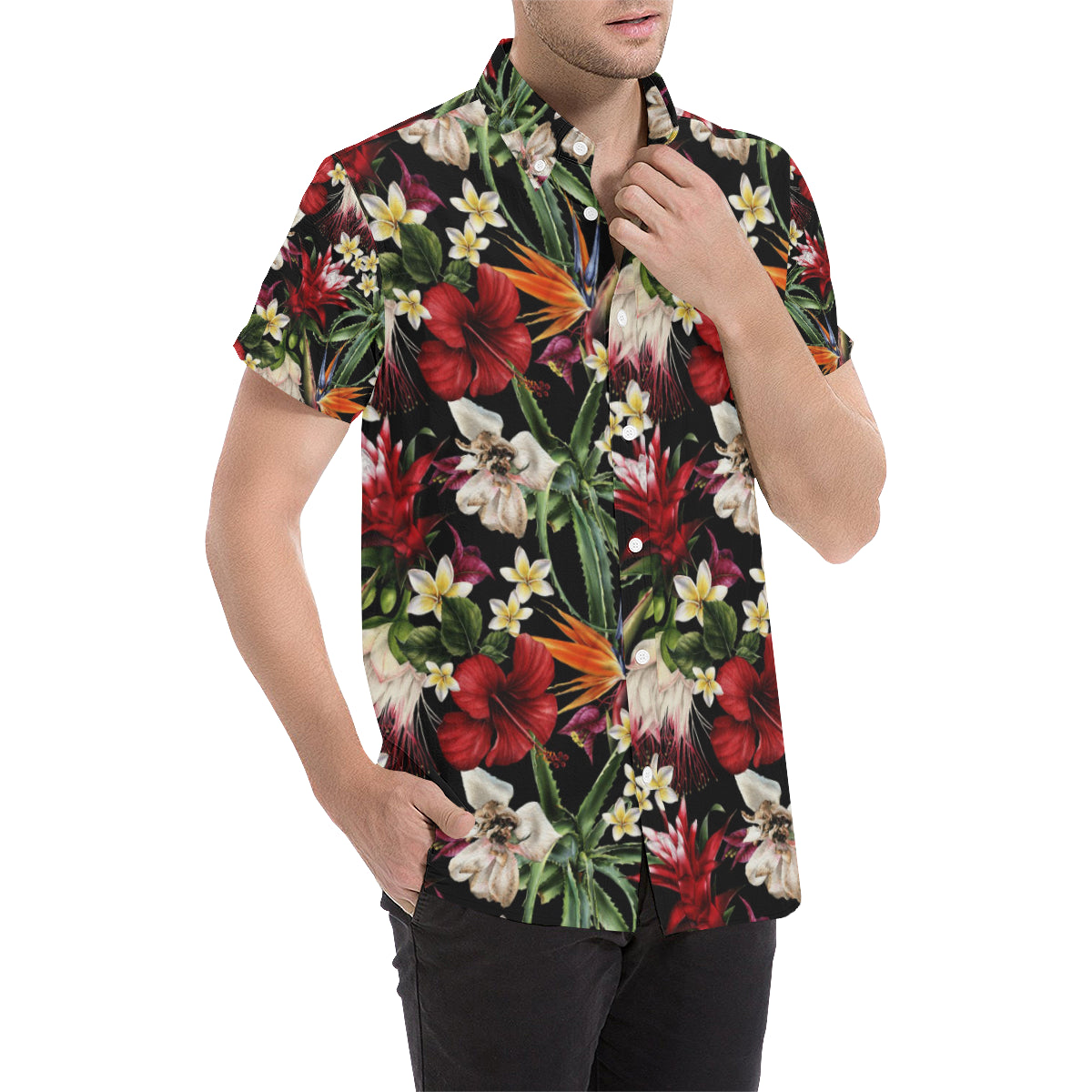 Summer Floral Pattern Print Design SF03 Men's Short Sleeve Button Up Shirt