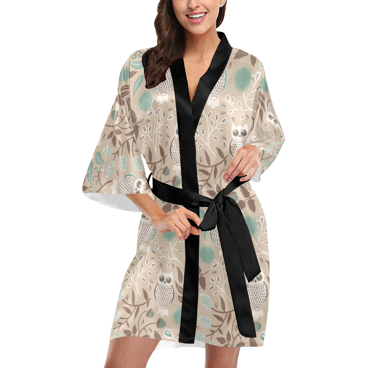 Owl Pattern Print Design A02 Women's Short Kimono
