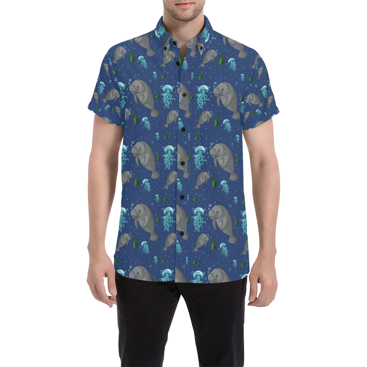 Manatee Pattern Print Design 01 Men's Short Sleeve Button Up Shirt