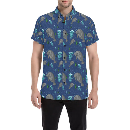 Manatee Pattern Print Design 01 Men's Short Sleeve Button Up Shirt