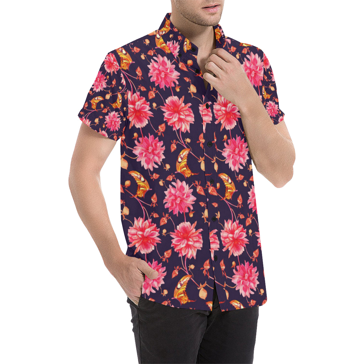 Dahlia Pattern Print Design DH03 Men's Short Sleeve Button Up Shirt