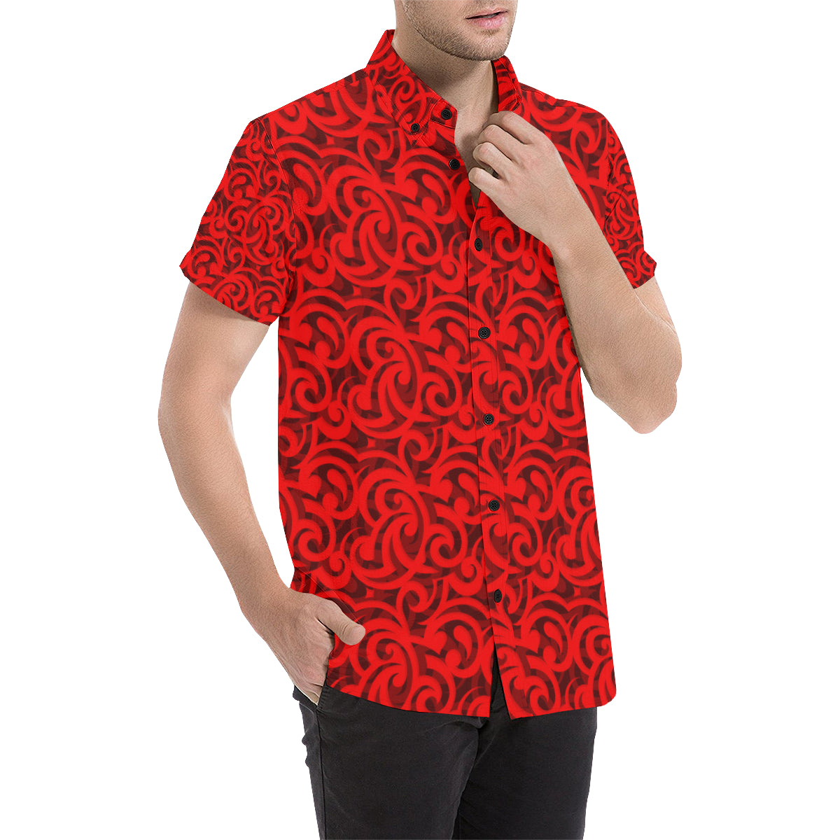 Maori Red Themed Design Print Men's Short Sleeve Button Up Shirt