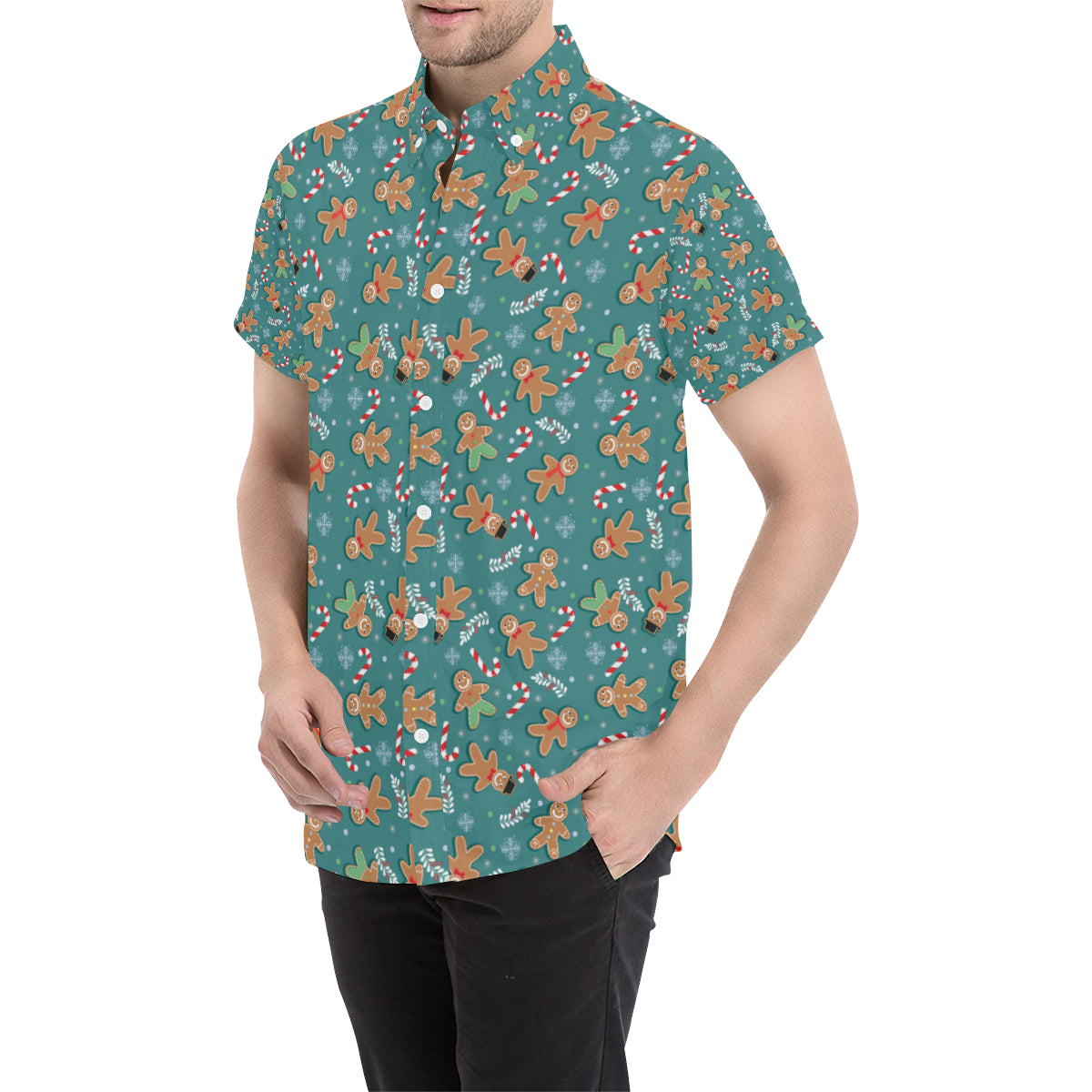 Gingerbread Pattern Print Design 05 Men's Short Sleeve Button Up Shirt