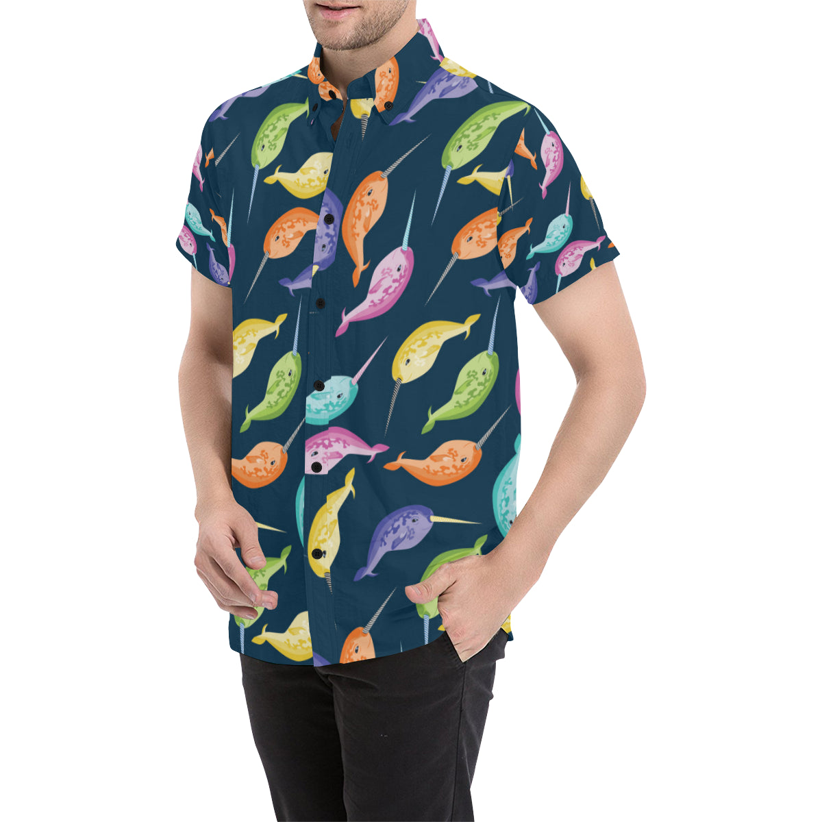 Narwhal Colorful Pattern Print Design 03 Men's Short Sleeve Button Up Shirt
