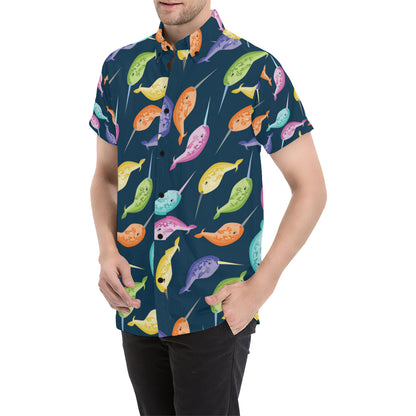 Narwhal Colorful Pattern Print Design 03 Men's Short Sleeve Button Up Shirt
