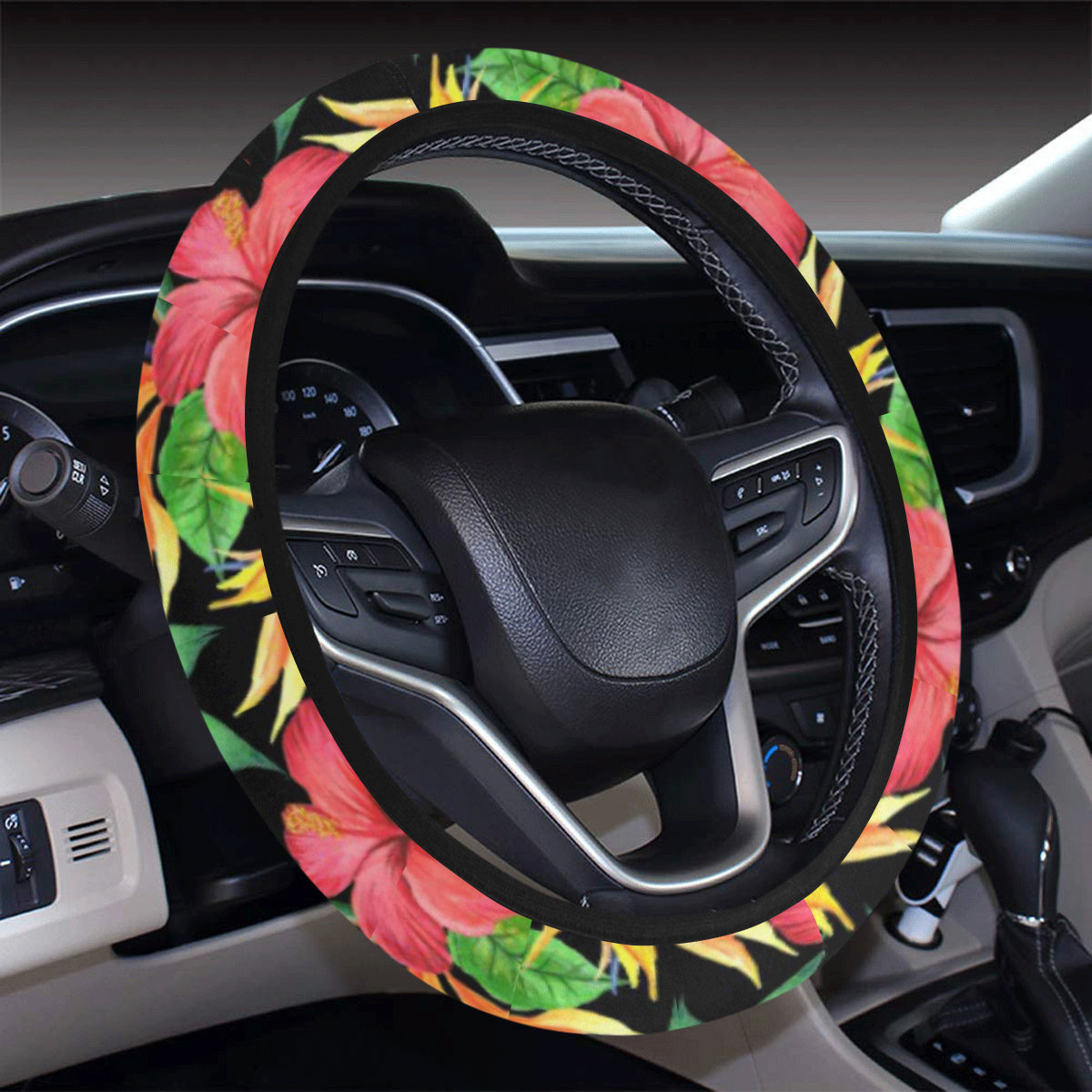 Red Hibiscus Pattern Print Design HB07 Steering Wheel Cover with Elastic Edge