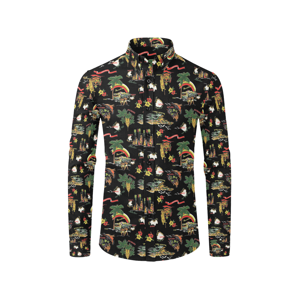Hawaiian Island Themed Print Men's Long Sleeve Shirt