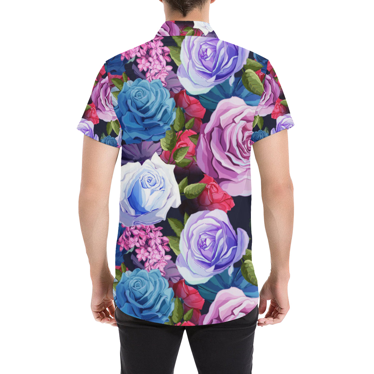Rose Pattern Print Design RO09 Men's Short Sleeve Button Up Shirt